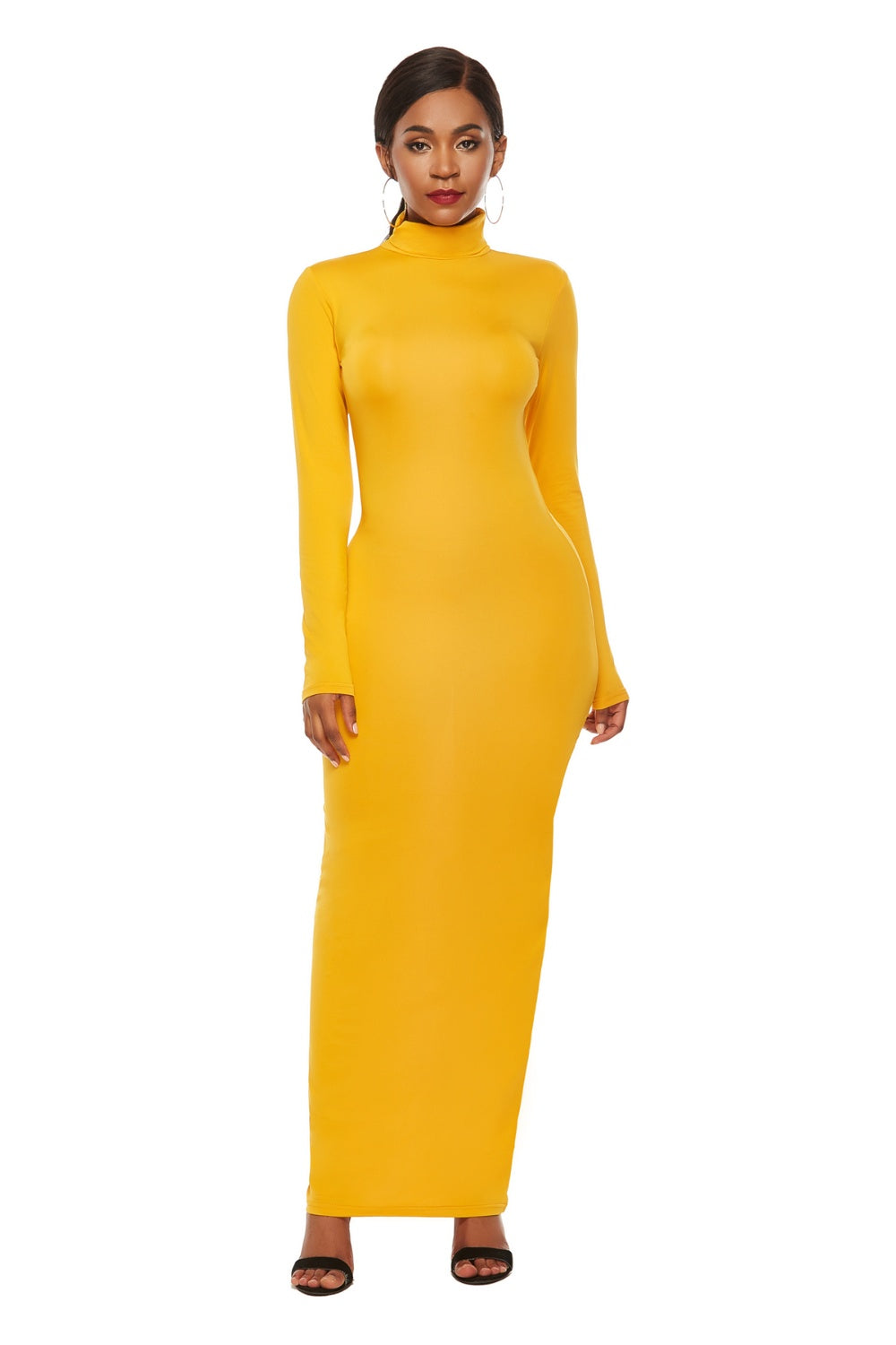 Goldenrod Mock Neck Long Sleeve Maxi Slim Dress Trends