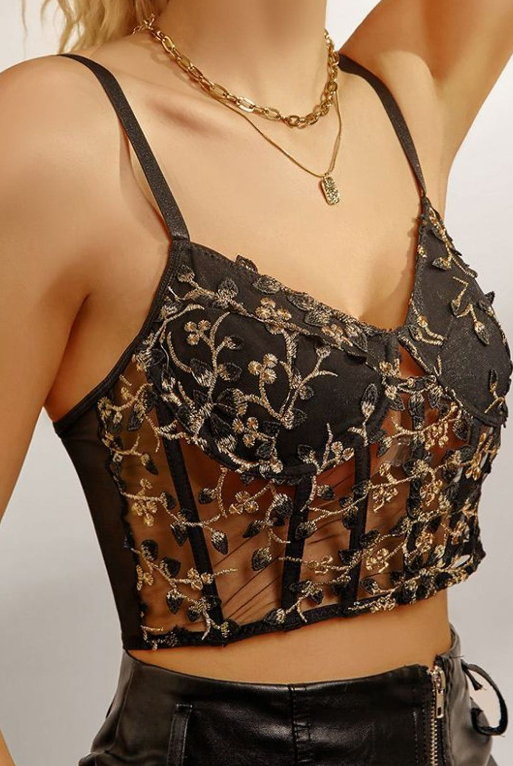 Rosy Brown Brings Me Peace Embroidered Spliced Mesh Bustier Crop Tops