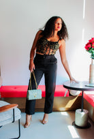 Gray Brings Me Peace Embroidered Spliced Mesh Bustier Crop Tops