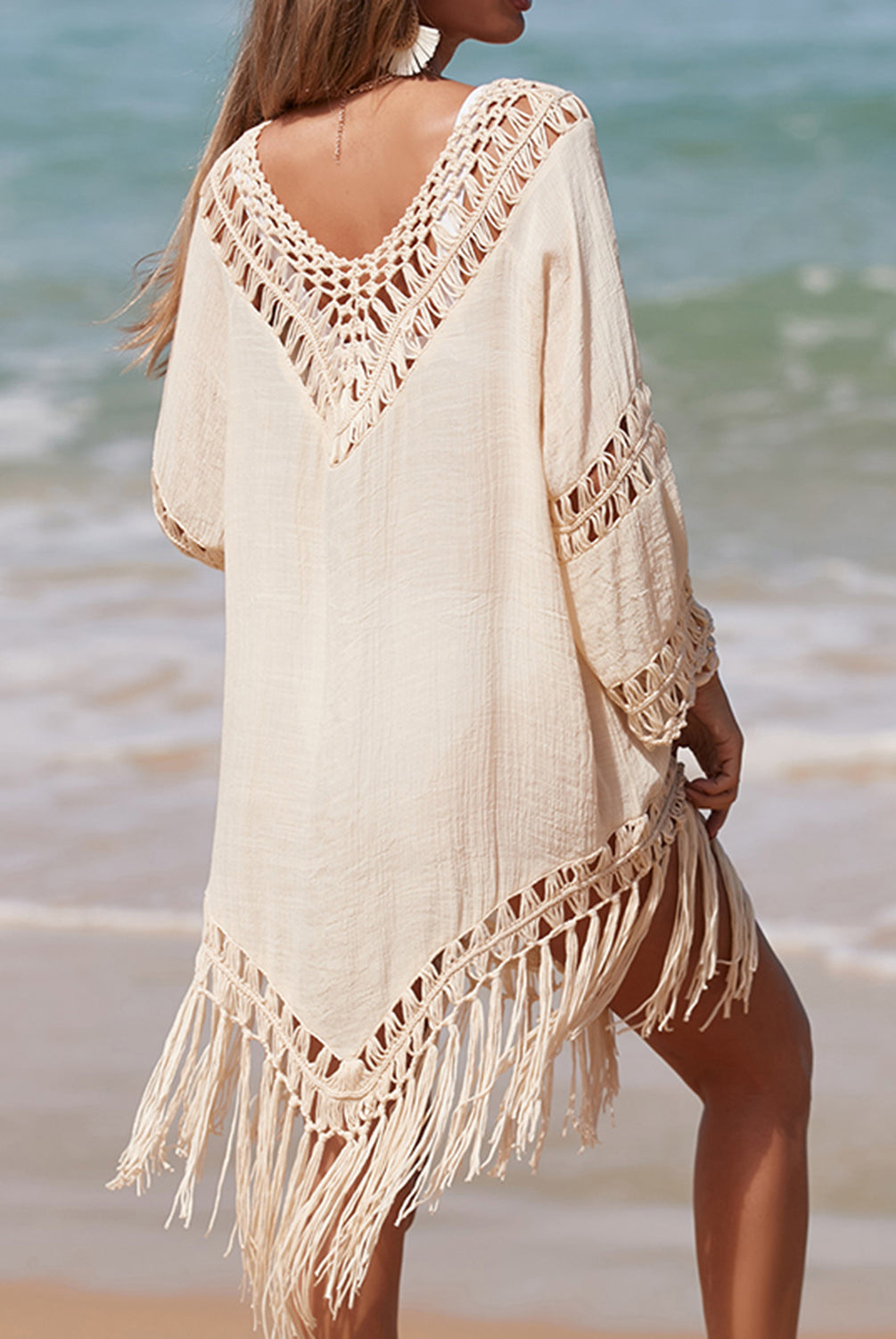 Gray Cutout Fringe Scoop Neck Cover-Up