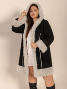 Gray Plus Size Fuzzy Trim Open Front Long Sleeve Hooded Coat Coats & Jackets