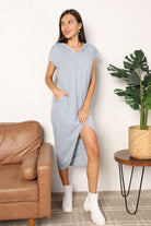 Light Gray Perfee Short Sleeve Front Slit Hooded Dress Dress