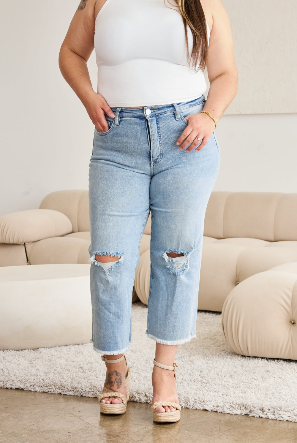Light Gray RFM Full Size Tummy Control High Waist Raw Hem Distressed Jeans Denim