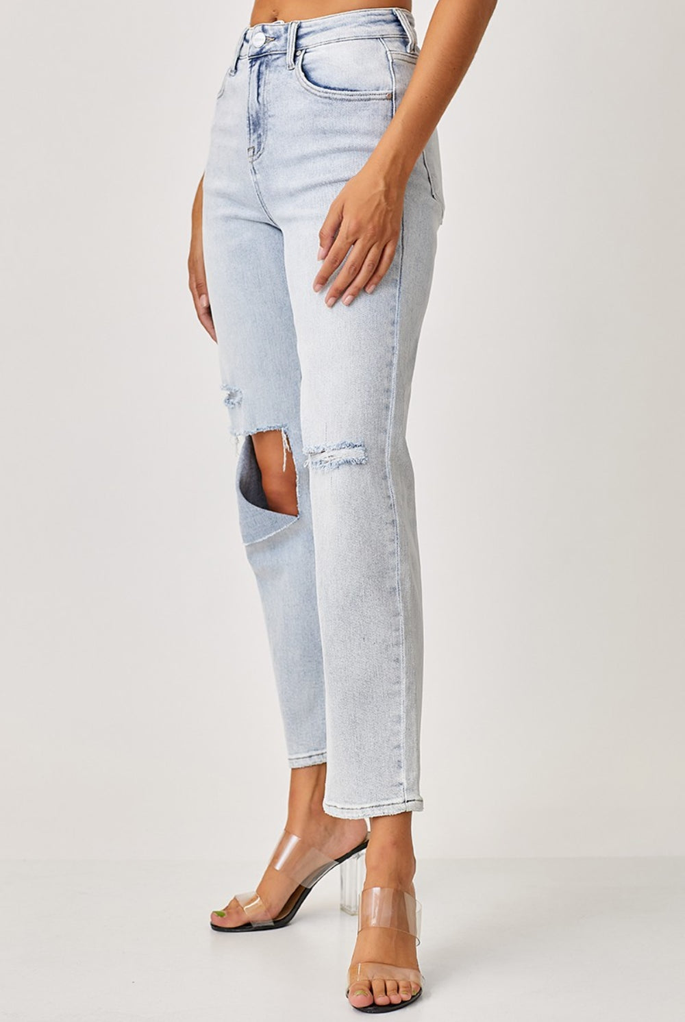 Light Gray RISEN High Rise Distressed Relaxed Jeans Denim