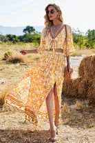 Wheat Printed Half Sleeve Top and Slit Skirt Set