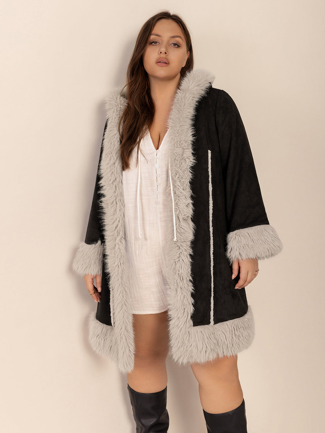 Light Gray Plus Size Fuzzy Trim Open Front Long Sleeve Hooded Coat Coats & Jackets