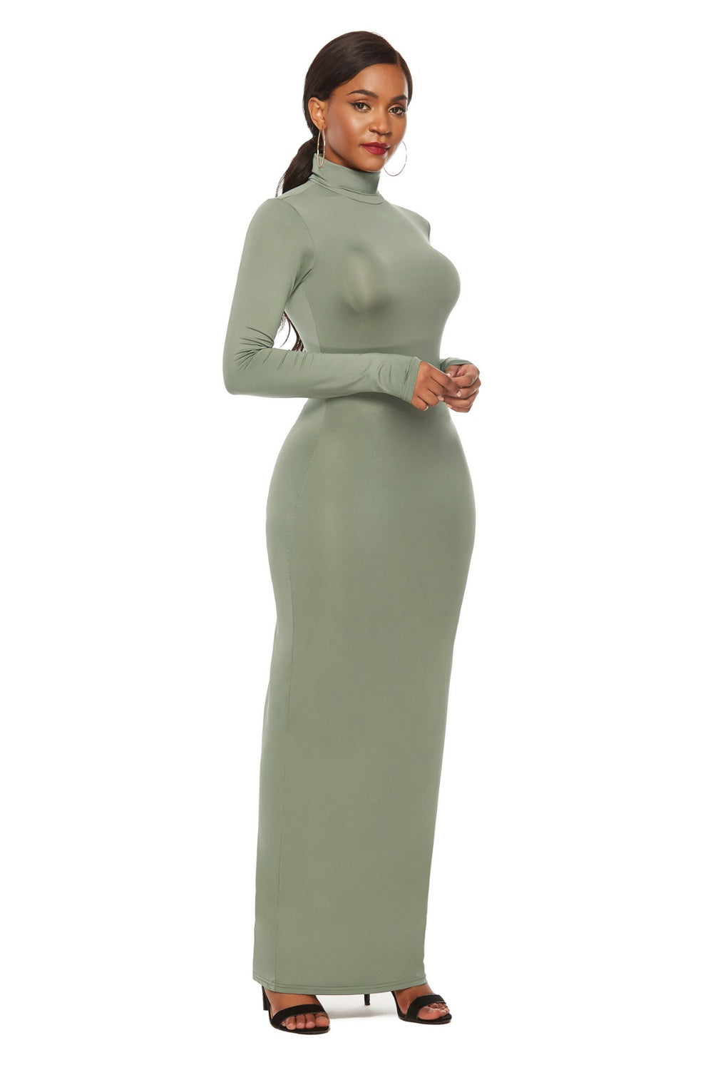 Light Slate Gray Mock Neck Long Sleeve Maxi Slim Dress Trends