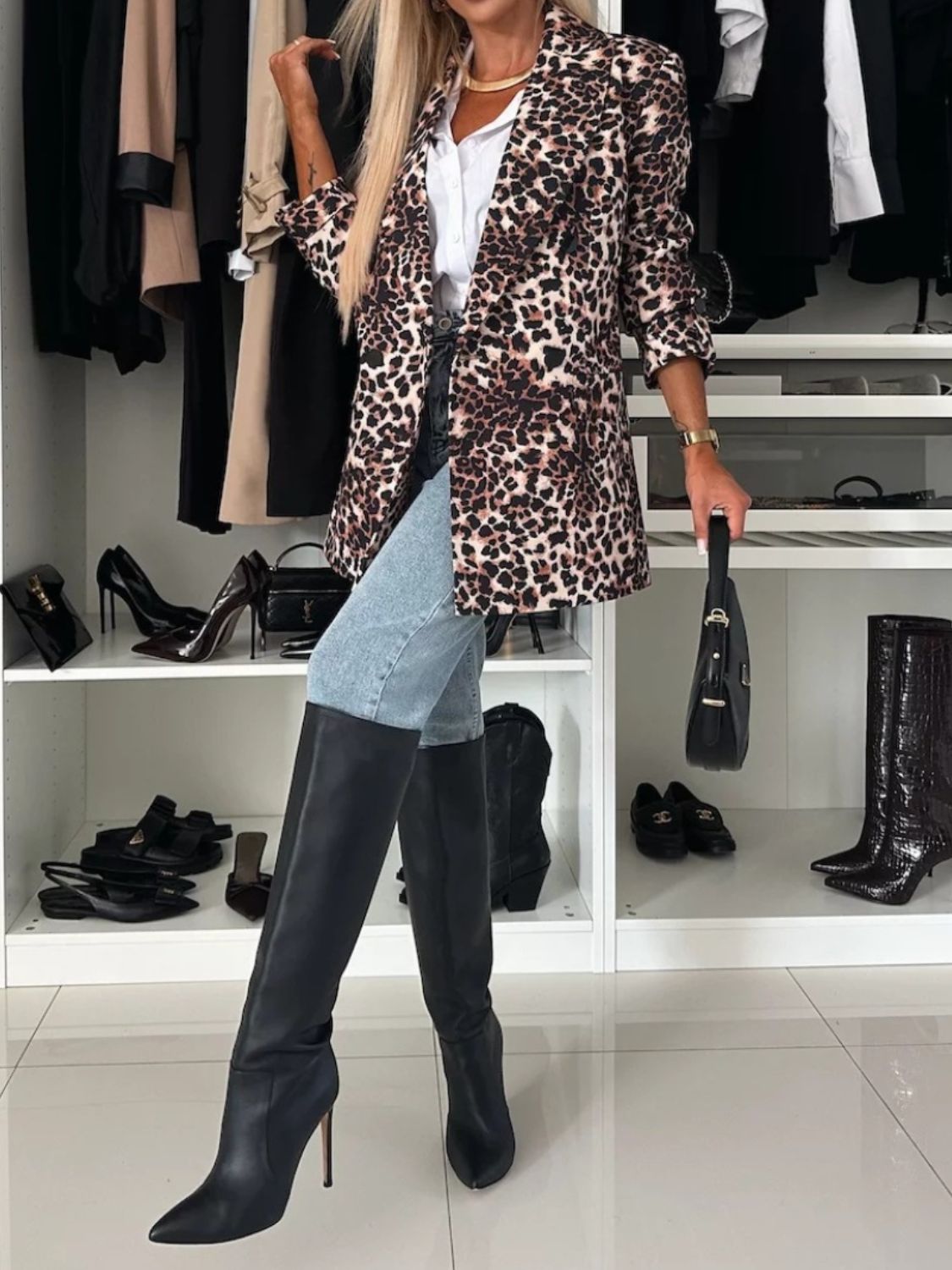 Dark Slate Gray Animal Print Long Sleeve Blazer Trends