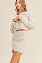 Light Gray MABLE Houndstooth Cropped Knit Cardigan and Mini Skirt Set Trends