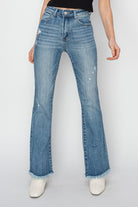 Light Gray RISEN High Rise Frayed Hem Bootcut Jeans Denim