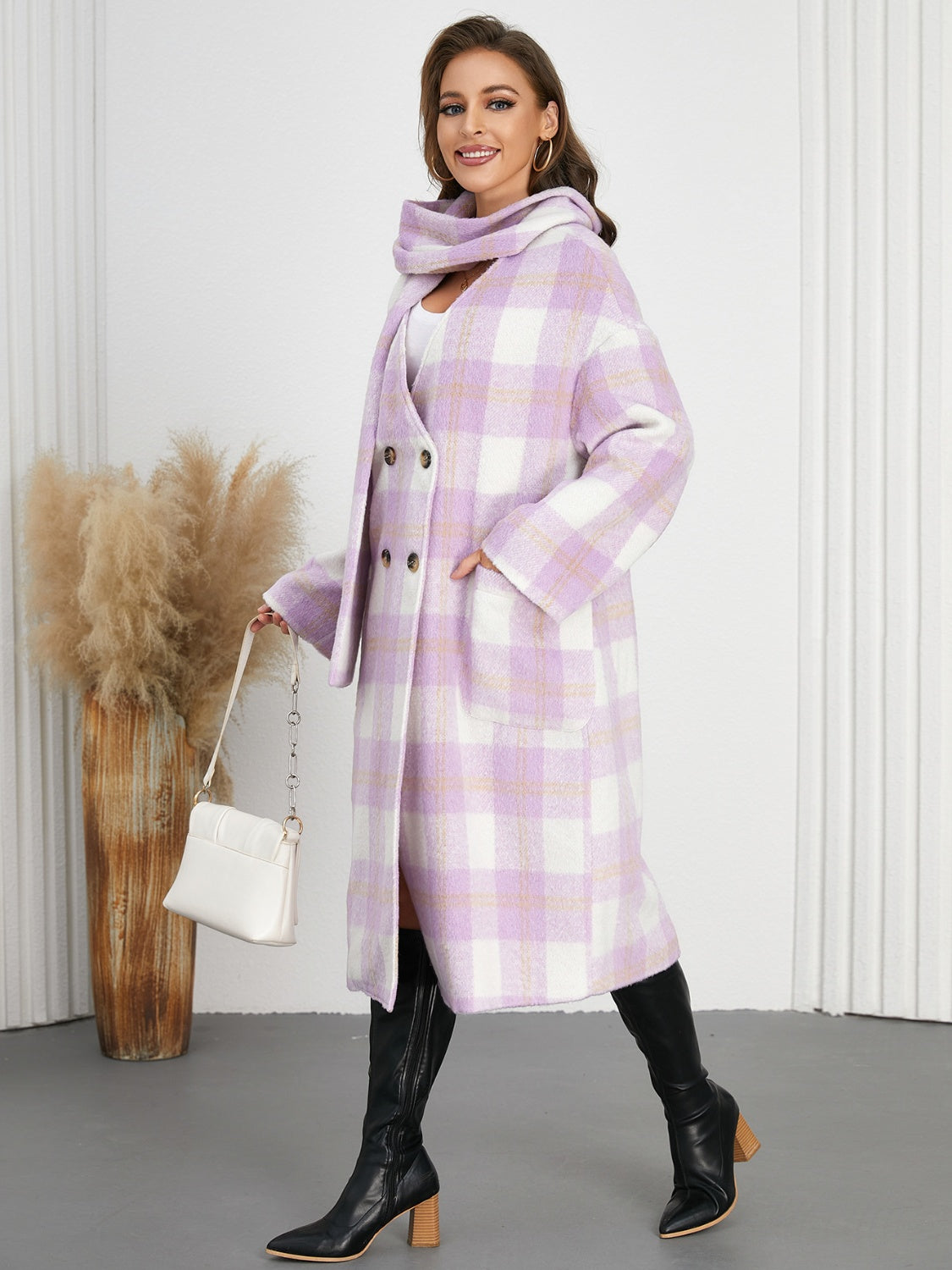 Light Gray Plaid Button Up Long Sleeve Coat Coats & Jackets