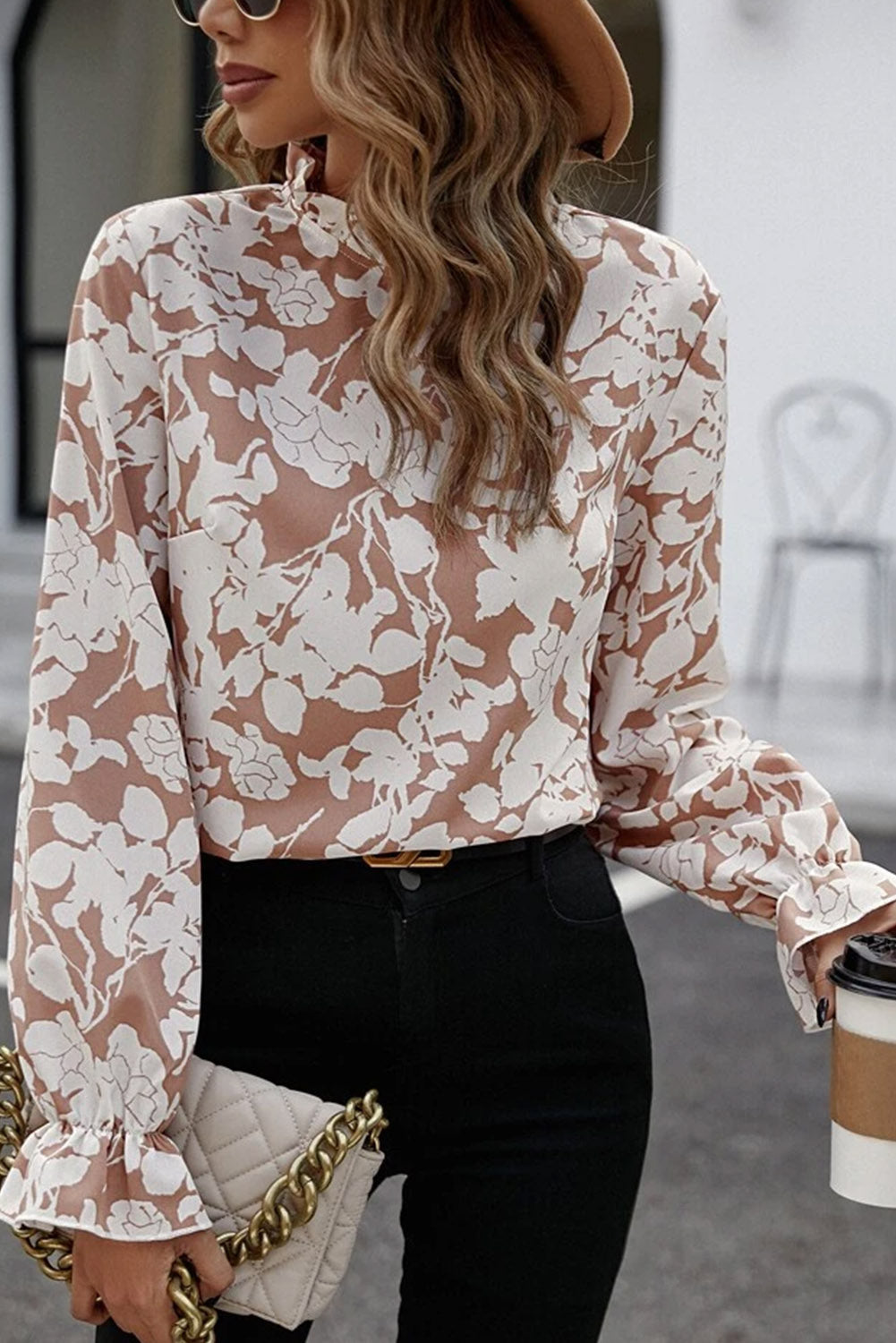 Dark Gray Floral Print Mock Neck Flounce Sleeve Blouse