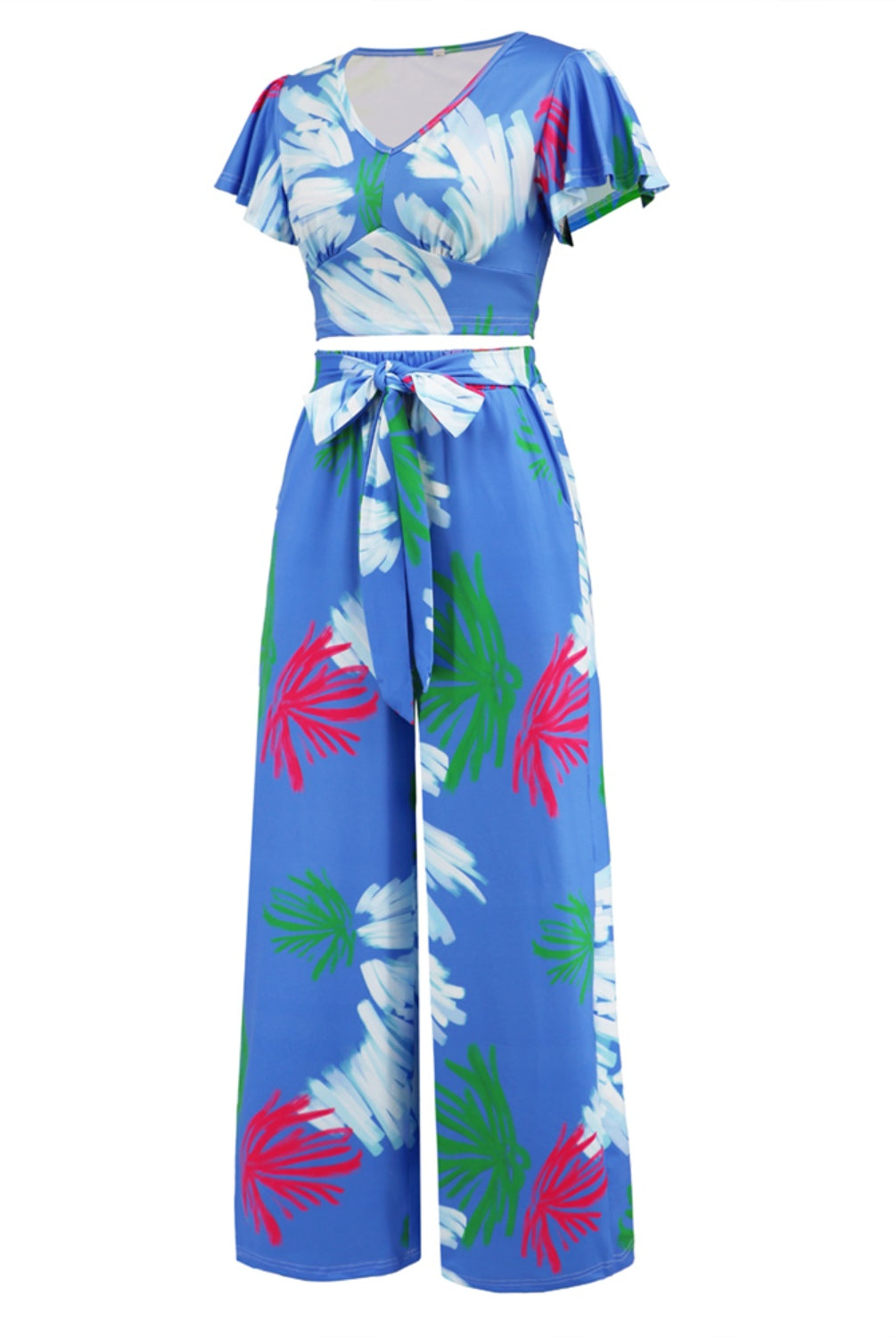 Steel Blue Printed V-Neck Top and Tied Pants Set Vacation