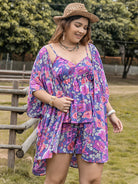 Dim Gray Plus Size Printed Cami, Open Front Cover Up and Shorts Set