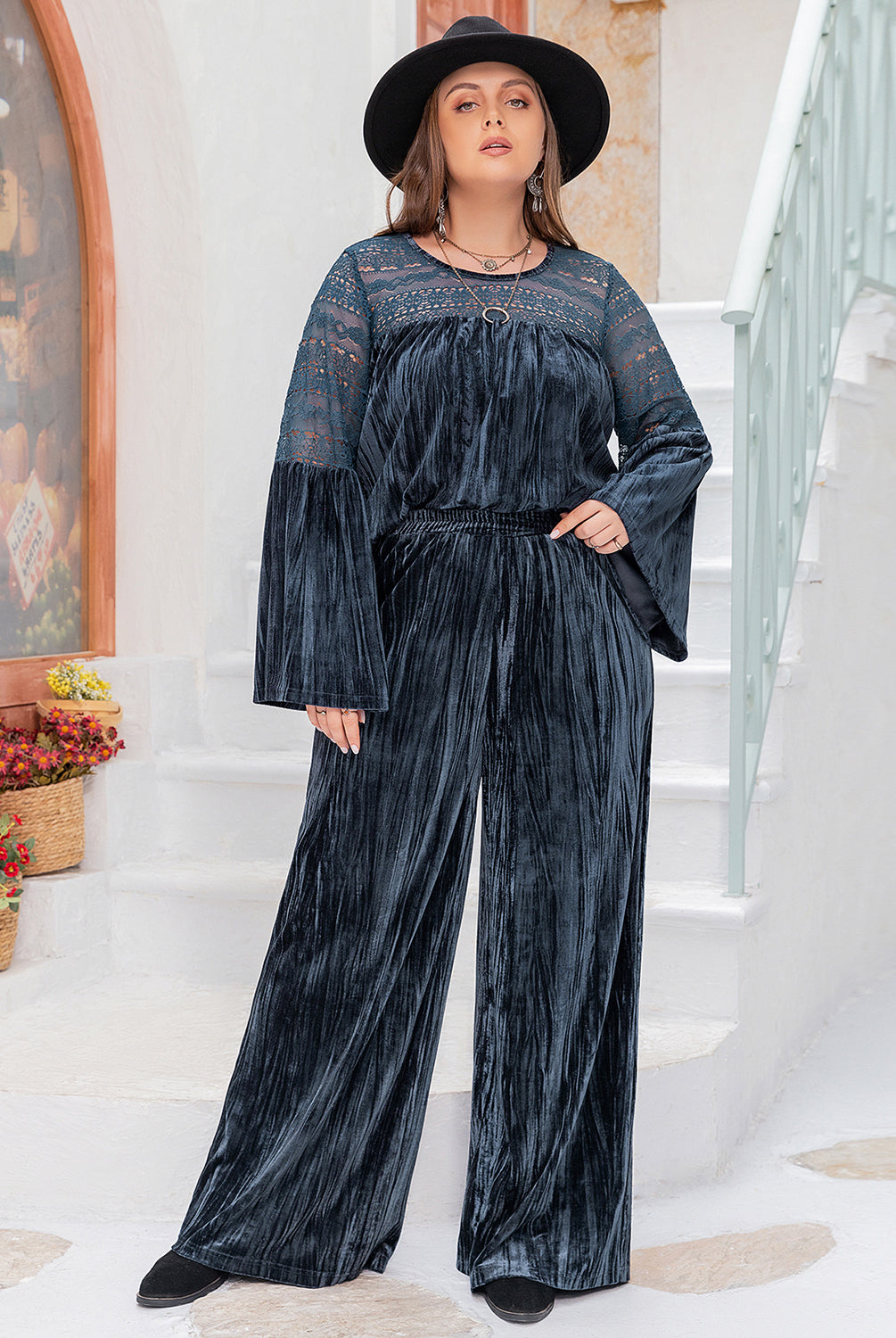 Dark Slate Gray Plus Size Round Neck Flare Sleeve Top and Pants Set