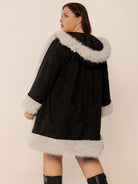 Black Plus Size Fuzzy Trim Open Front Long Sleeve Hooded Coat Coats & Jackets