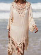 Gray Cutout Fringe Scoop Neck Cover-Up