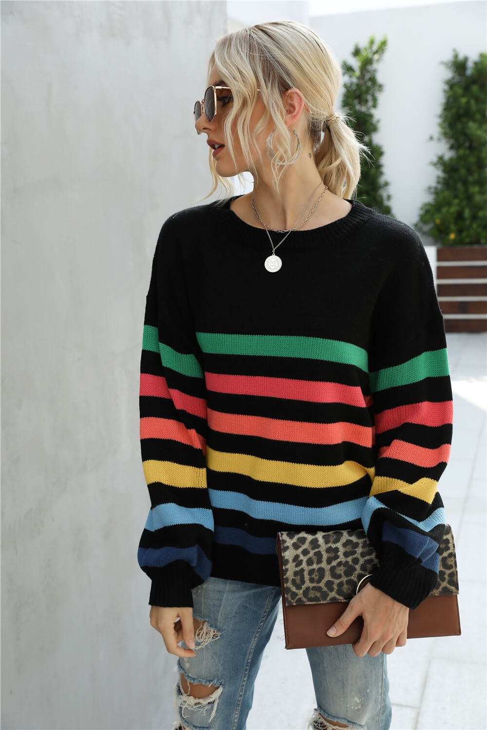 Gray Rainbow Stripe Dropped Shoulder Sweater