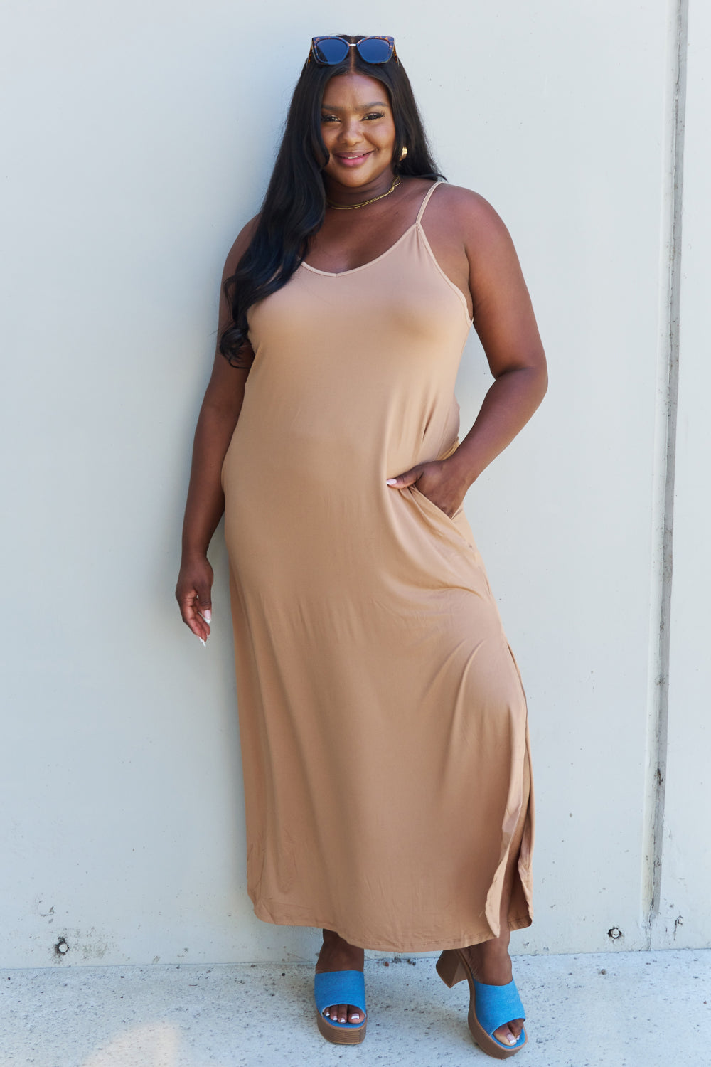 Gray Ninexis Good Energy Full Size Cami Side Slit Maxi Dress in Camel Dress