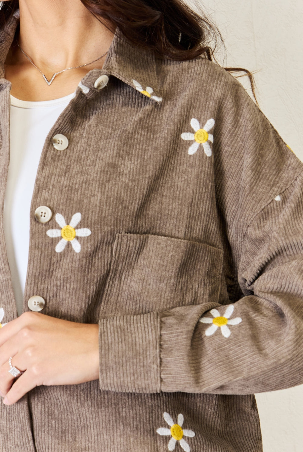 Rosy Brown J.NNA Flower Pattern Corduroy Button Down Shirt