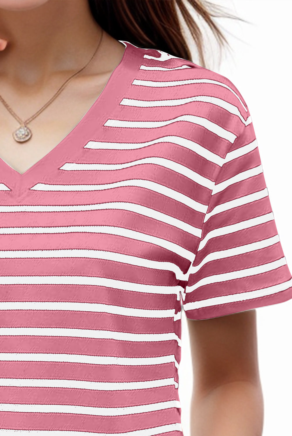 Pale Violet Red Plus Size Striped V-Neck Short Sleeve T-Shirt Vacation