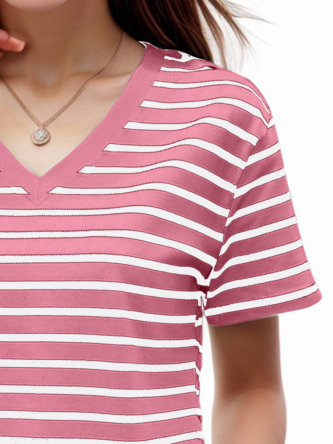 Pale Violet Red Plus Size Striped V-Neck Short Sleeve T-Shirt Vacation