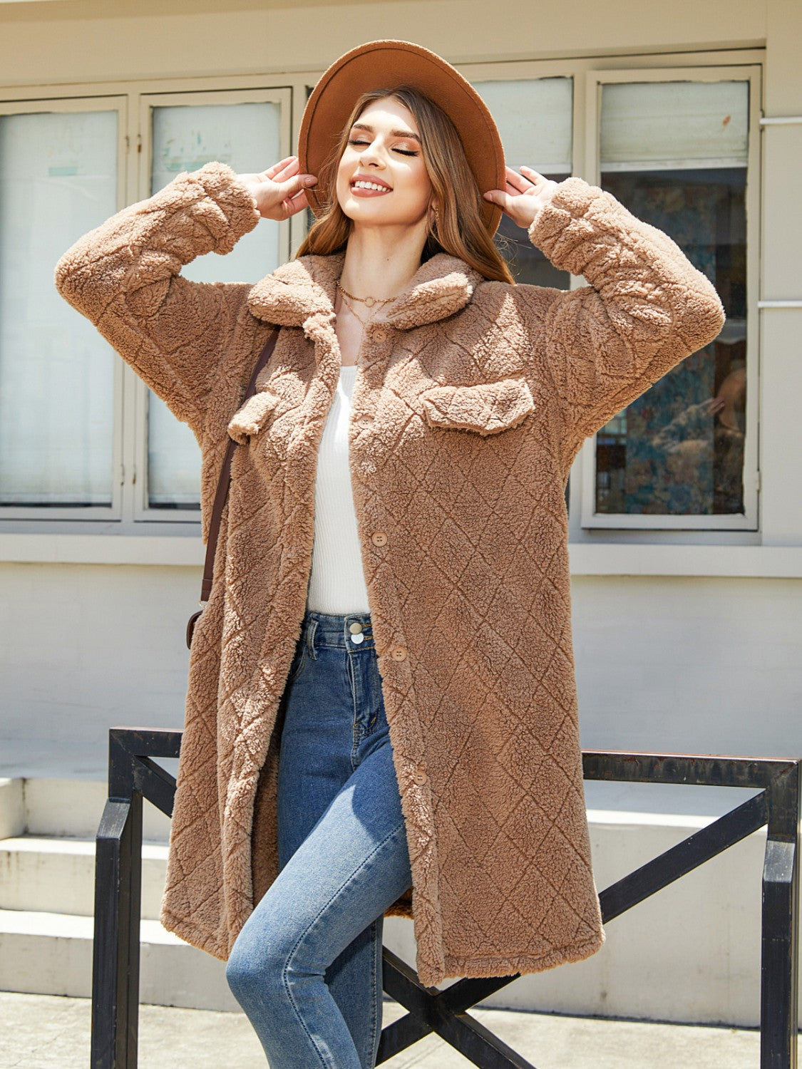 Rosy Brown Texture Button Up Dropped Shoulder Coat Coats & Jackets