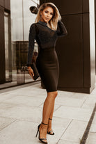 Black Rhinestone Mock Neck Long Sleeve Dress Dresses