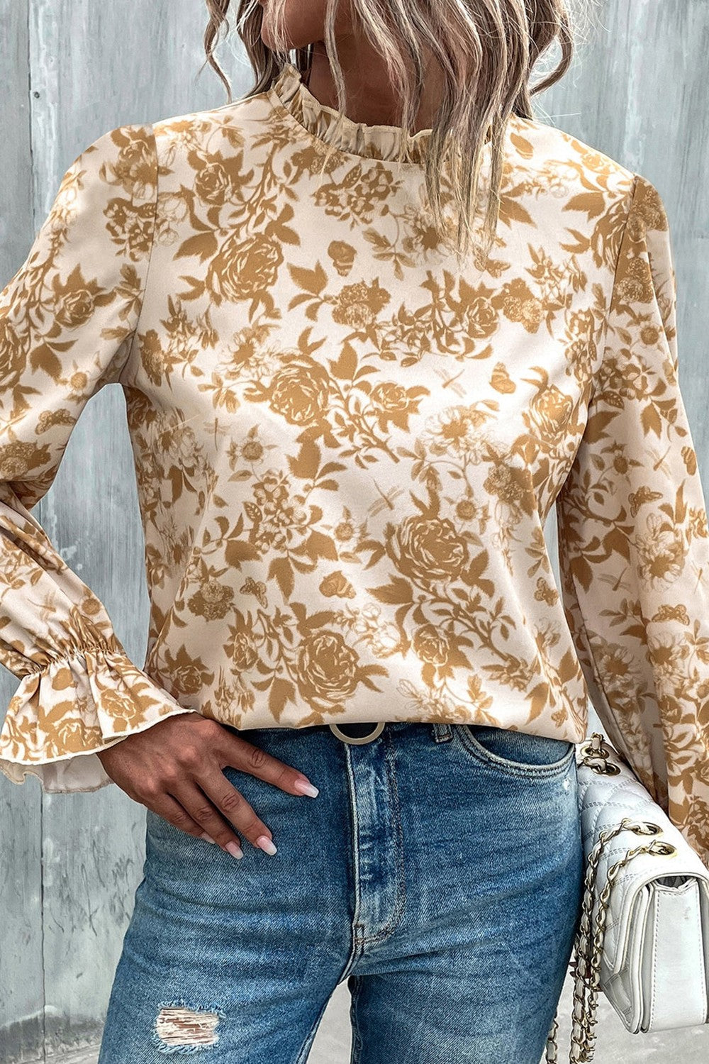 Gray Floral Print Mock Neck Flounce Sleeve Blouse