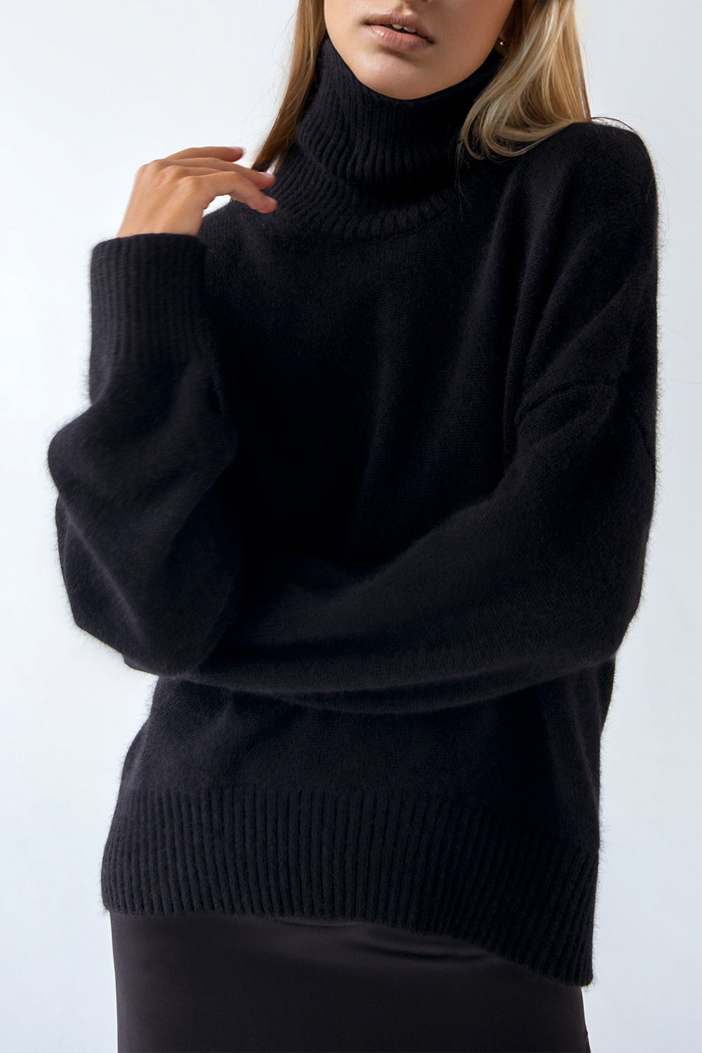 Black Basic Bae Turtleneck Dropped Shoulder Long Sleeve Sweater Trends