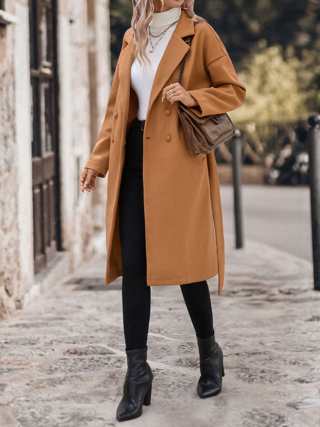 Rosy Brown Perfee Dropped Shoulder Tie Waist Coat Coats & Jackets