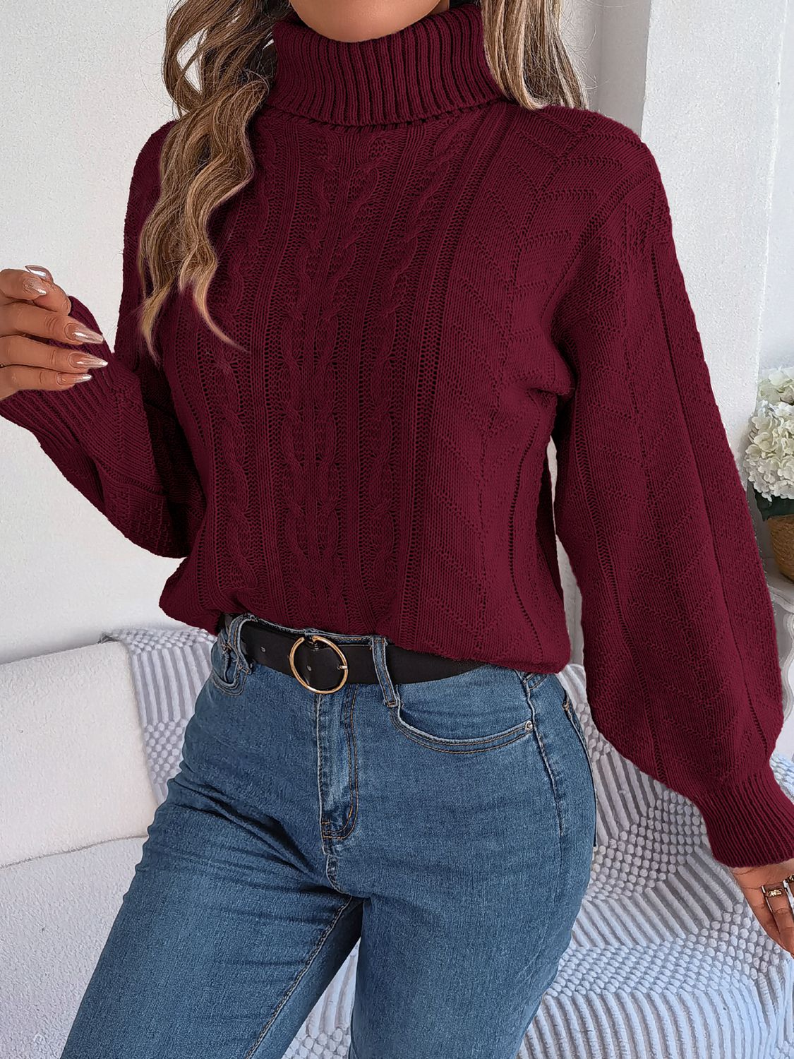 Dark Slate Gray Cable-Knit Turtleneck Sweater Trends