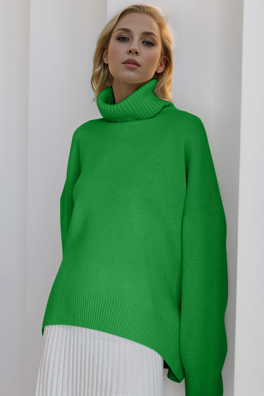 Forest Green Basic Bae Turtleneck Dropped Shoulder Long Sleeve Sweater Trends