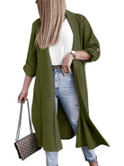 Dark Olive Green Slit Open Front Roll-Tab Sleeve Trench Coat Coats & Jackets