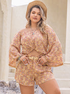 Tan Plus Size Printed Off-Shoulder Top and Shorts Set