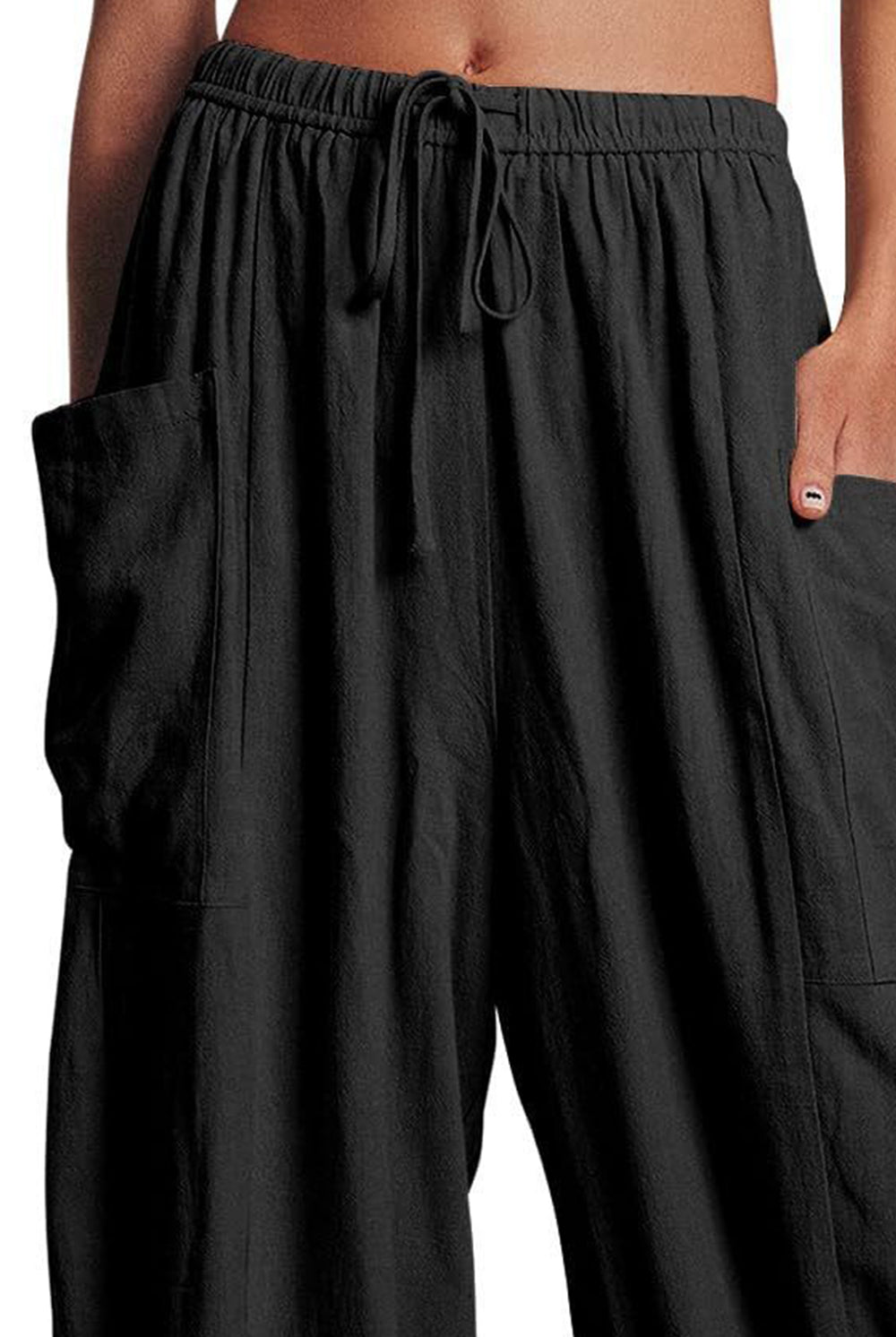 Black Full Size Pocketed Drawstring Wide Leg Pants Vacation