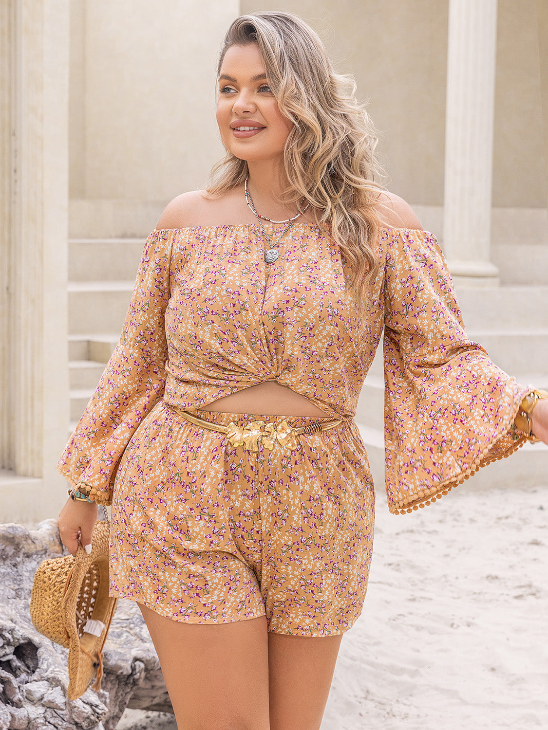 Light Gray Plus Size Printed Off-Shoulder Top and Shorts Set