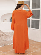 Rosy Brown Island Sunset Plus Size Tie Neck Long Sleeve Slit Dress Vacation