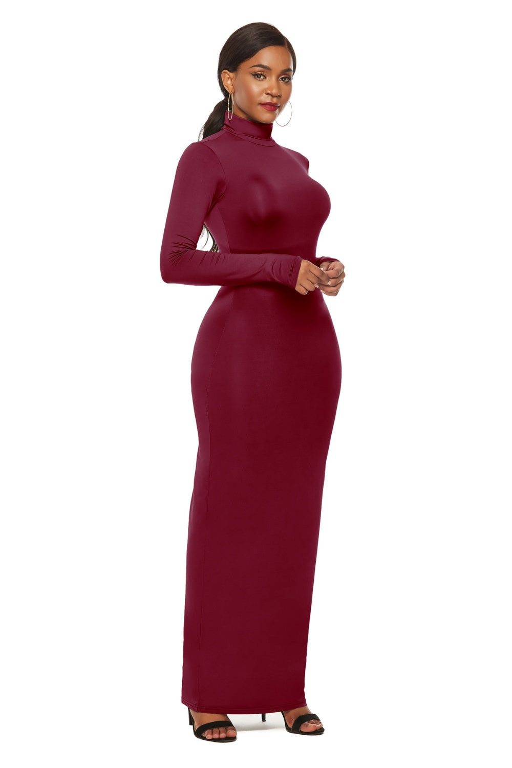 Dark Red Mock Neck Long Sleeve Maxi Slim Dress Trends