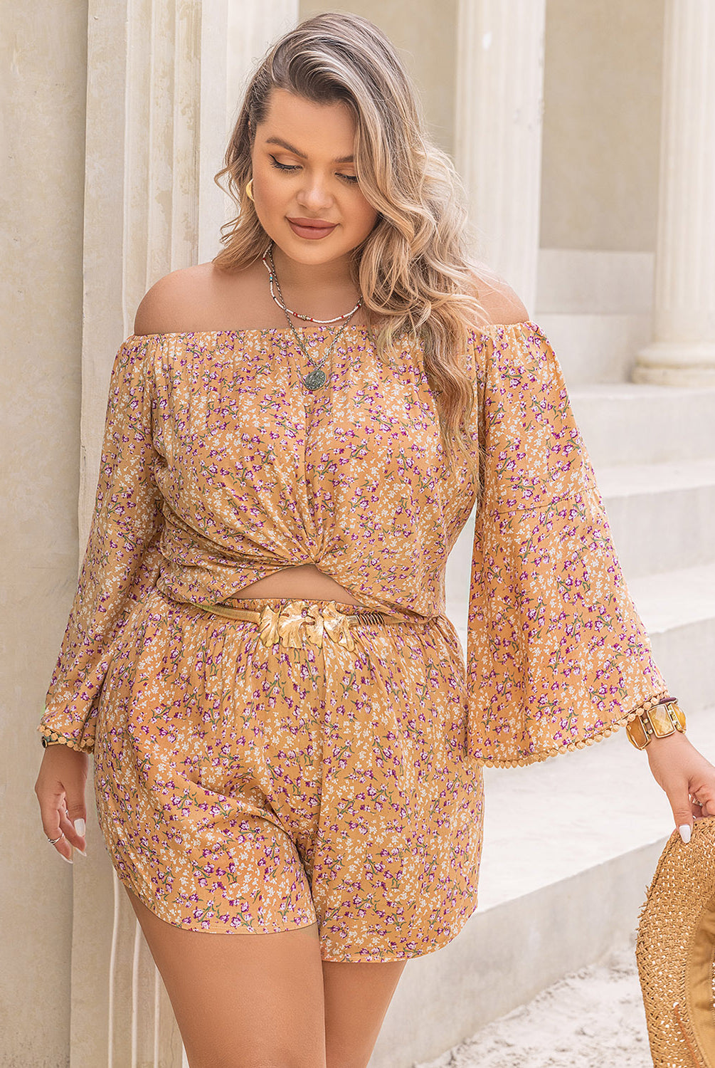 Tan Plus Size Printed Off-Shoulder Top and Shorts Set