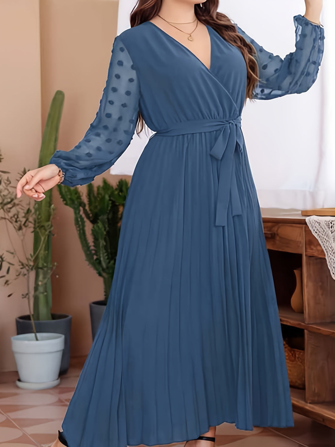 Dark Slate Gray Plus Size Swiss Dot Tie Waist Maxi Dress