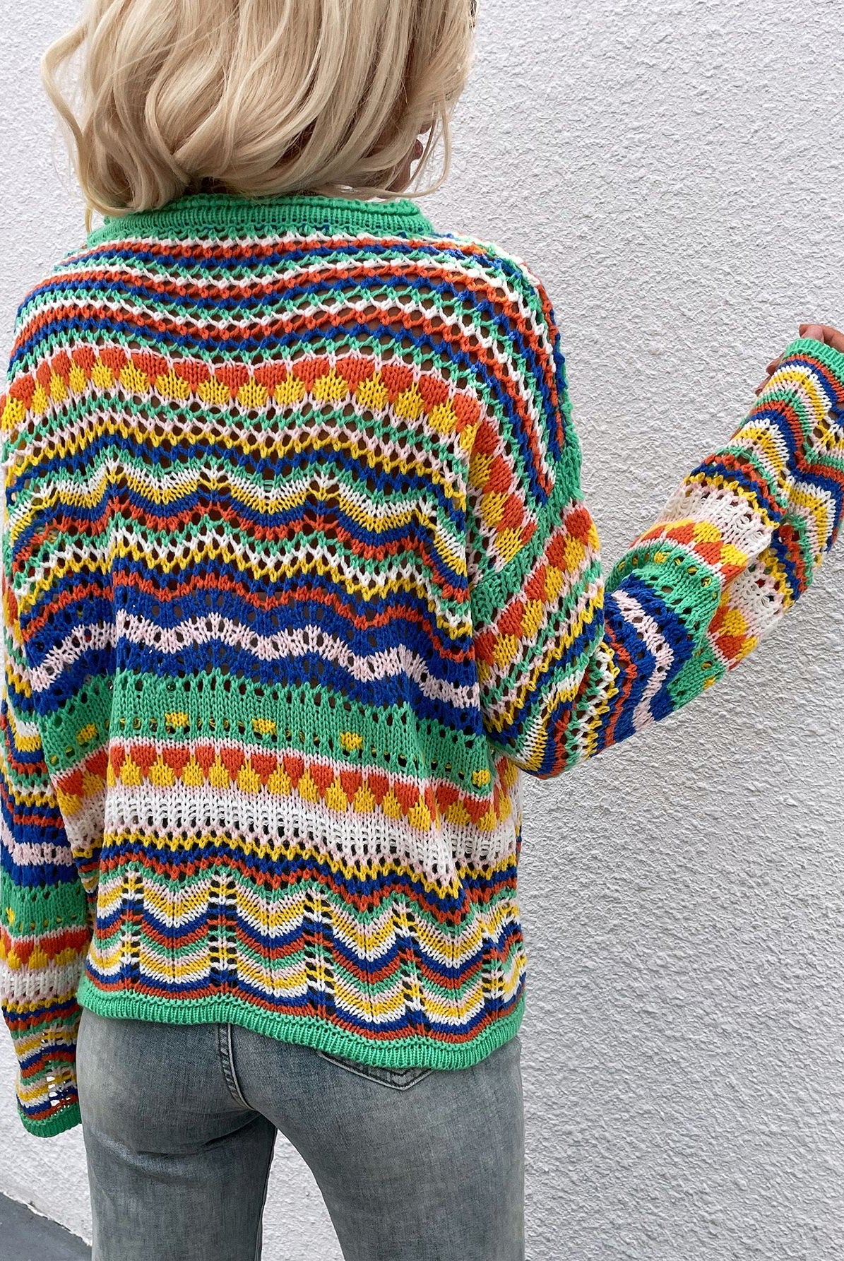 Gray Rainbow Stripe Openwork Flare Sleeve Knit Top