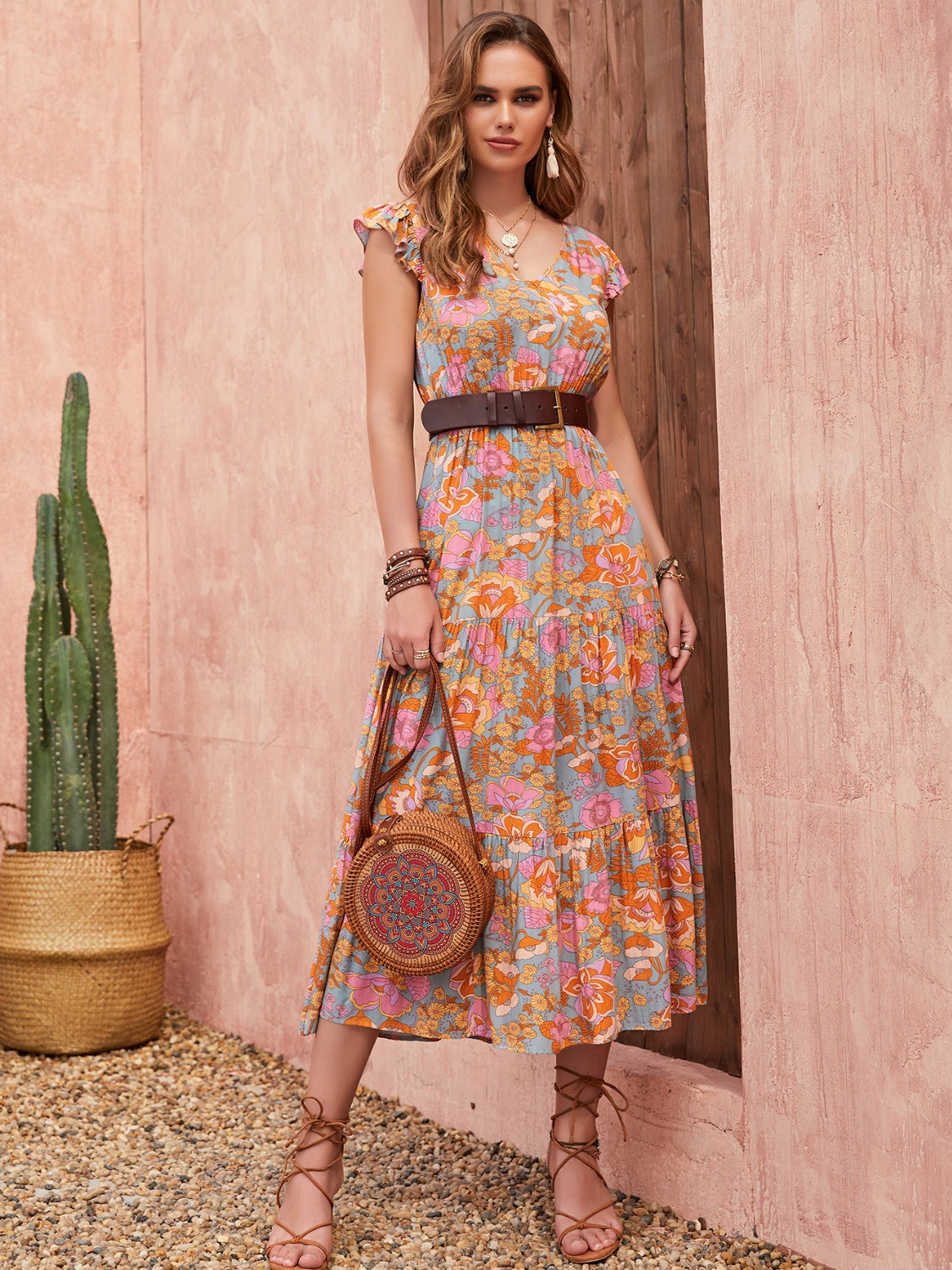 Tan Ruffled Printed V-Neck Cap Sleeve Tiered Dress