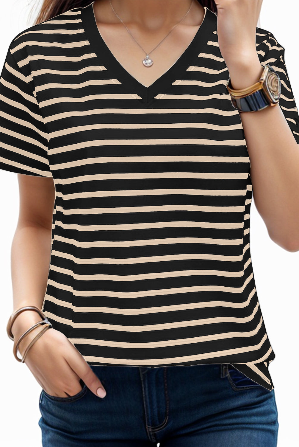 Tan Plus Size Striped V-Neck Short Sleeve T-Shirt Vacation