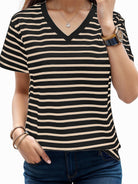 Tan Plus Size Striped V-Neck Short Sleeve T-Shirt Vacation