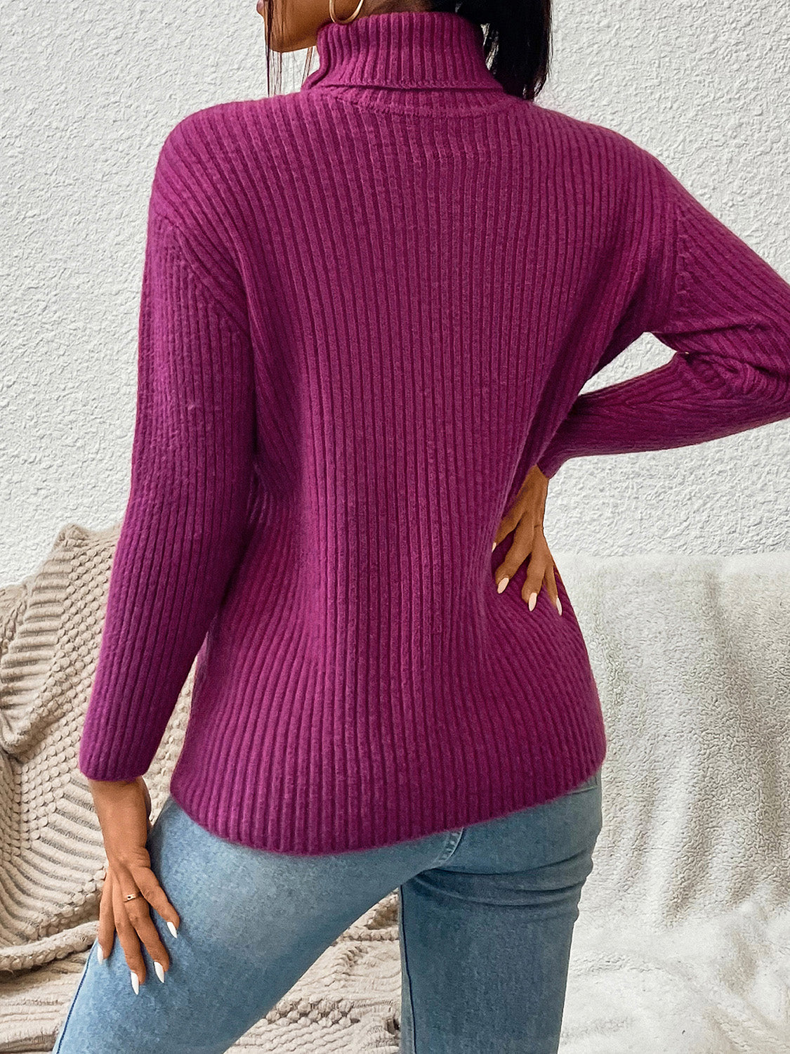 Dim Gray Ribbed Turtle Neck Long Sleeve Sweater Trends