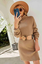 Tan Rib-Knit Turtleneck Drop Shoulder Sweater Dress Trends