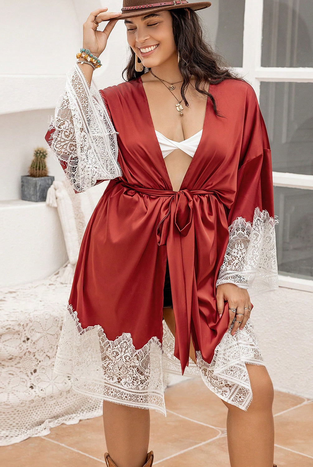 Light Gray Plus Size Lace Patchwork Tie Front Robe Robes