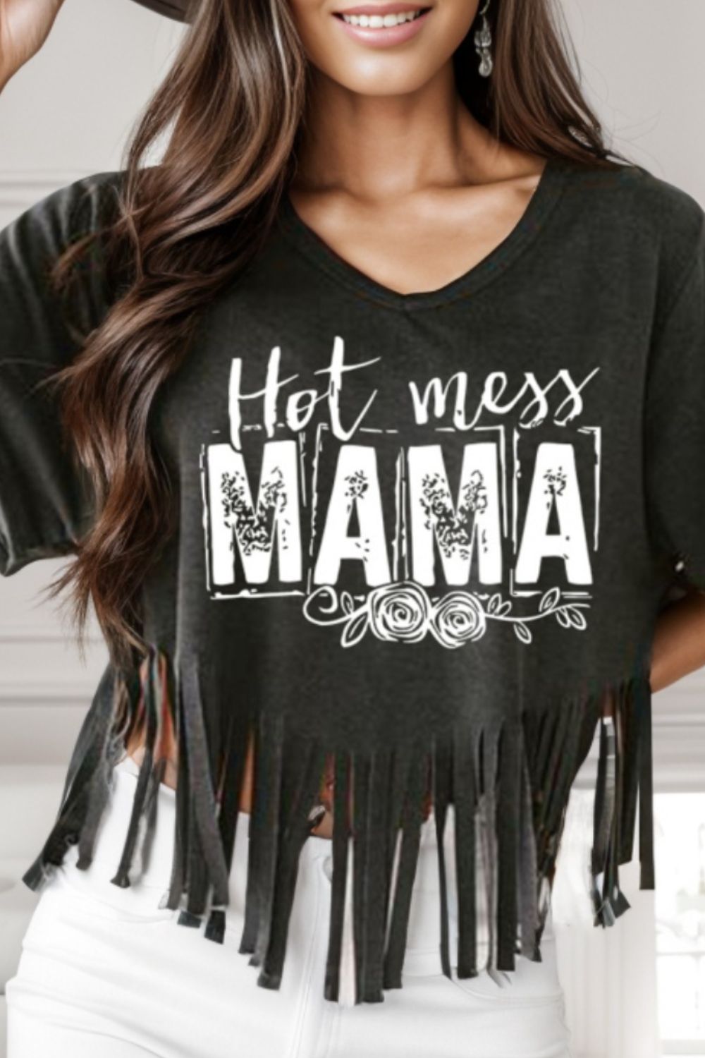 Light Gray HOT MESS MAMA Fringe Round Neck T-Shirt