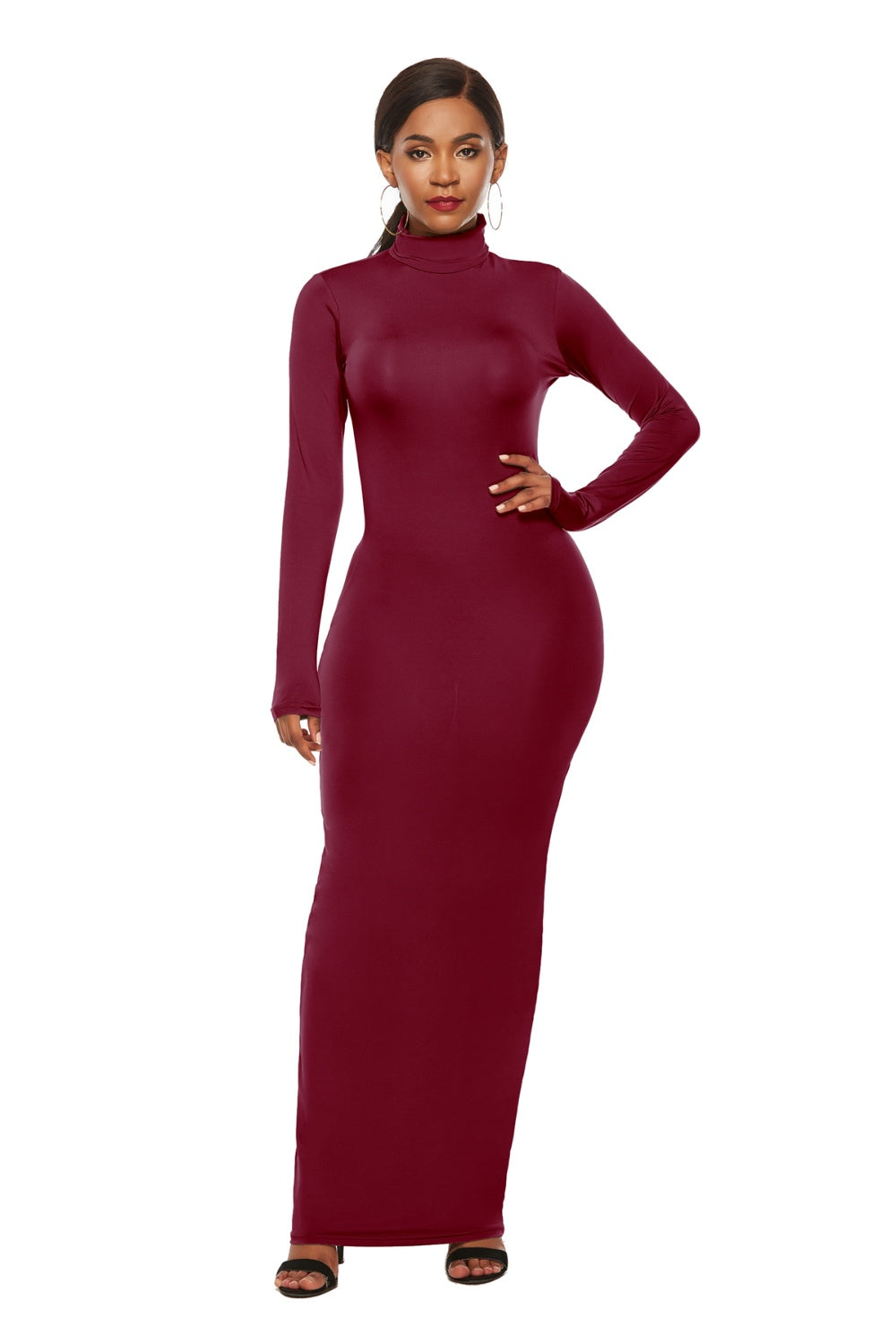 Dark Red Mock Neck Long Sleeve Maxi Slim Dress Trends